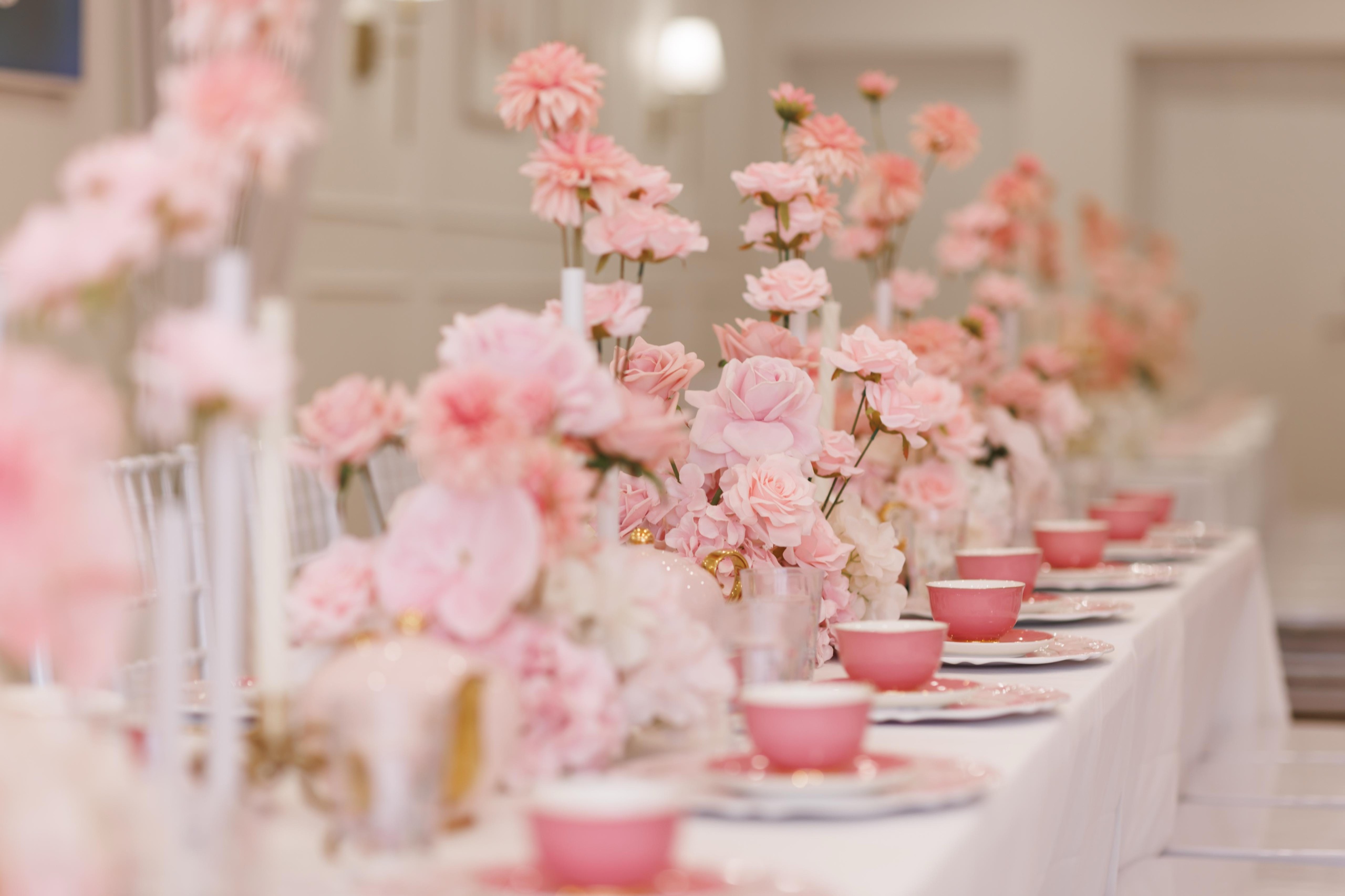Flowers and china on a high tea table